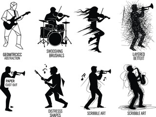Vector set of musicians in artistic styles, guitar, drums, violin, trumpet, saxophone, geometric, brush stroke, scribble, and distressed designs © Khobij