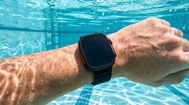Man's arm with a waterproof smartwatch underwater in a swimming pool, showcasing durability and active lifestyle.