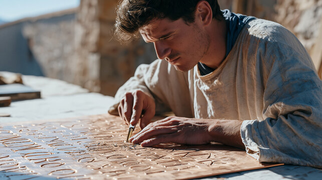 An engraver bends over a copper plate under harsh midday workshop sun, burin cutting precise lettering in deliberate strokes, the commitment of permanent marks on metal reflecting