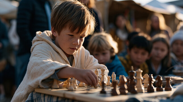 Children gather around a chess board at a crowded community fair, a family unit observing from behind, a young player mid move with intense concentration, growth mindset visible