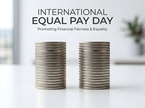 Two equal stacks of silver coins for international equal pay day financial fairness concept