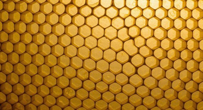 Golden honeycomb texture with hexagonal cells, a natural pattern of sweet honey production.