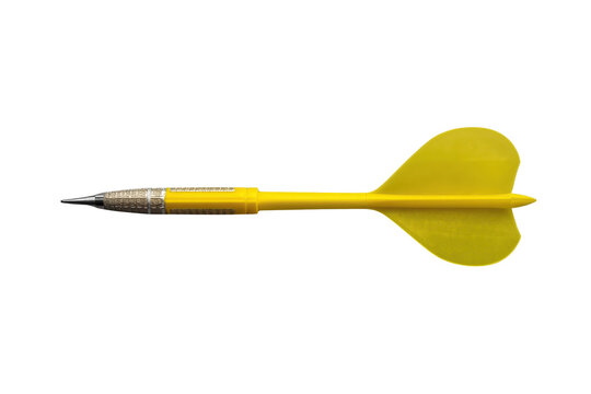 Yellow dart with metal tip and plastic flight on a transparent background, representing aim, goal, and success