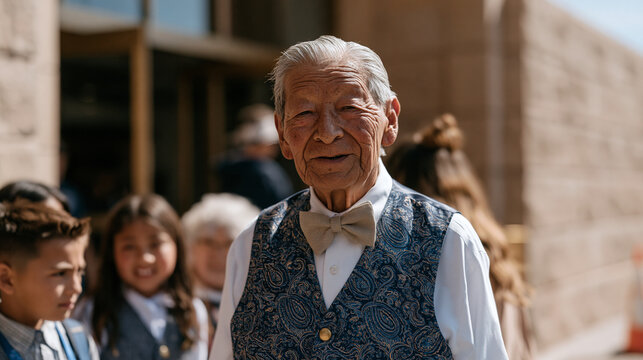 Cheerful customer greeter in his eighties standing beneath blazing midday sun outside a large retail entrance, extended family of three generations gathering around him during a
