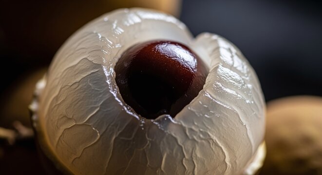 Exotic longan fruit peeled open revealing juicy flesh and dark seed