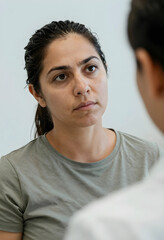 Obraz premium Serious young woman listening intently to another person during a conversation, focused expression and engaged communication