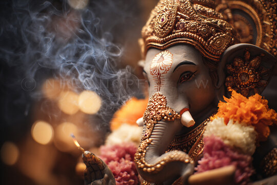 Decorated Ganesh idol with flowers, incense and oil lamps. Spiritual composition captures festive atmosphere and traditions