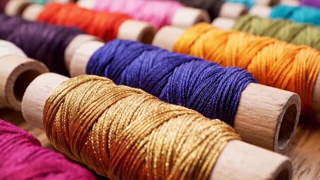 Colorful embroidery thread on wooden spools in a row.