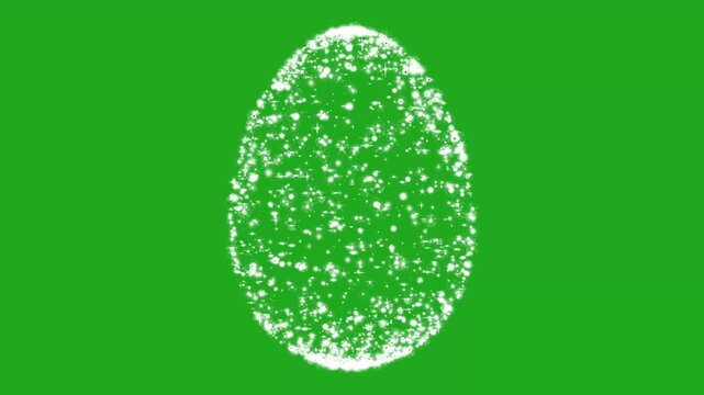 3D revolving egg shaped from glowing white sparkling particles and stars continuously twinkling and rotating on solid green screen background
