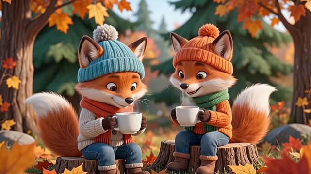 Cute cartoon funny fox with a cup of hot drink autumn animation