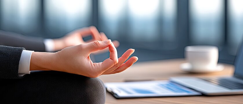 Dark skinned hand in yoga mudra pose on desk with office background showing calm workspace elements