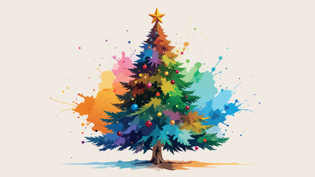 Colorful abstract christmas tree with paint splatters