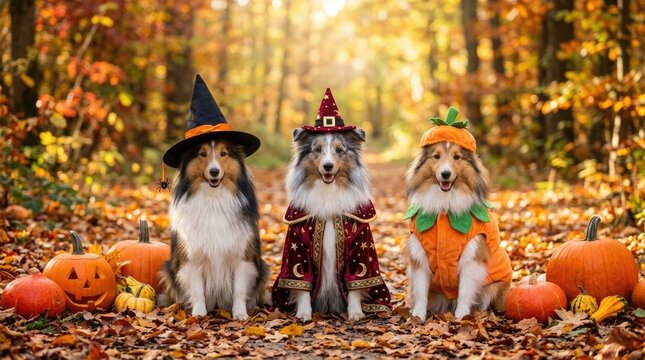 Festive shetland sheepdogs in halloween costumes amidst autumn foliage