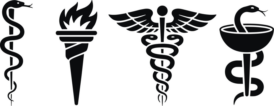 Collection of Black Medical and Ancient Symbols Including Snakes and a Torch Keywords: medical symbols, ancient symbols, snake