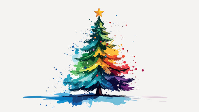 Christmas tree creating watercolor splashes happy celebration