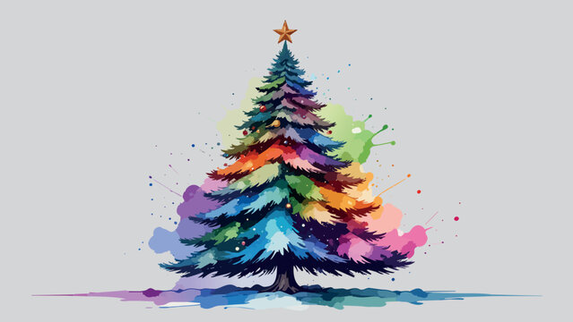 Colorful abstract christmas tree watercolor paint art