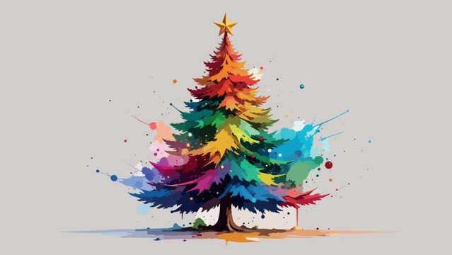 Colorful christmas tree creating vibrant watercolor splash art