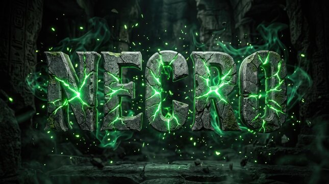 Dramatic 'necro' typography with glowing green energy and ancient stone texture