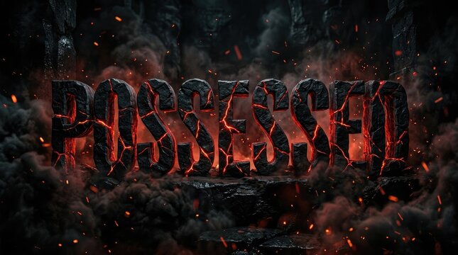 Dramatic 'possessed' typography with fiery cracks and dark smoke effect