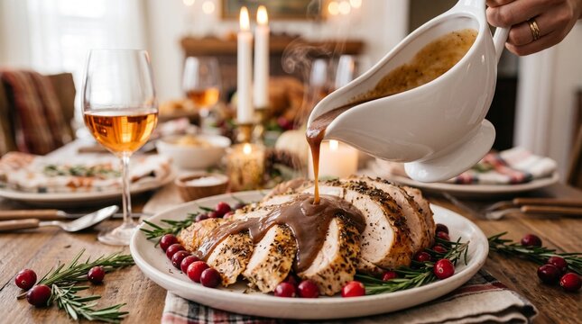 Gravy being poured over carved roasted turkey with cranberries and rosemary on festive holiday table setting.