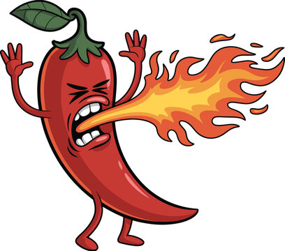Spicy red chili pepper cartoon character breathing fire, hot vegetable mascot, angry face expression, burning flame, spice food illustration, capsicum vector clipart