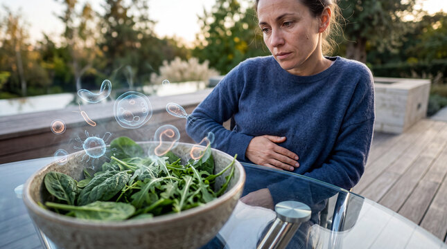 3D Cyclospora cayetanensis parasite visualization above woman experiencing stomach discomfort in kitchen, foodborne infection awareness concept