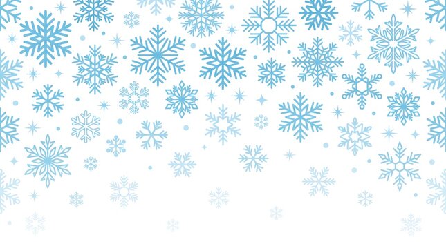 Winter snowflake border on white background, blue ice crystal pattern, seasonal Christmas decorative frame for holiday cards and banners