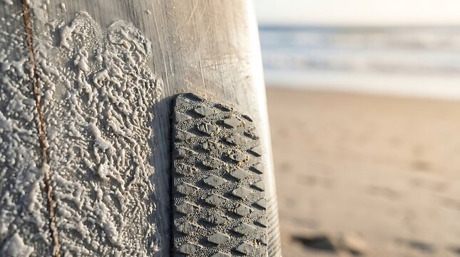 Close up of surfboard wax and traction pad on a sandy beach