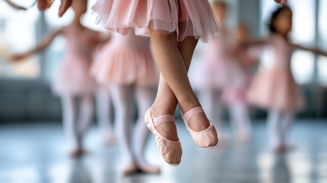 Young ballet dancer with Down syndrome performs a jump in a dance studio, surrounded by other girls in pink tutus and ballet shoes, natural light streaming through large windows