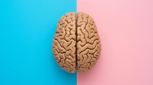 Human brain model positioned centrally on a split background of vibrant cyan and soft pastel pink colors.
