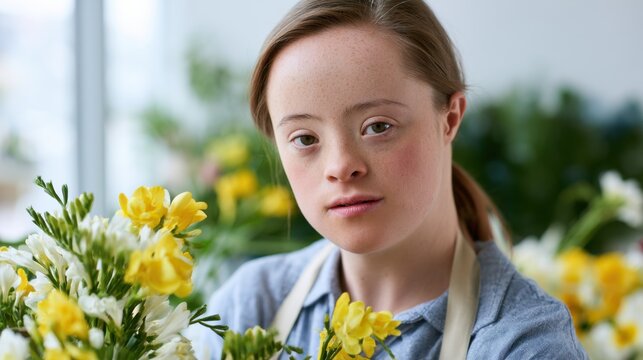 Young girl with Down syndrome holding a bouquet of yellow flowers in a bright floral shop, surrounded by greenery and colorful blooms in the background