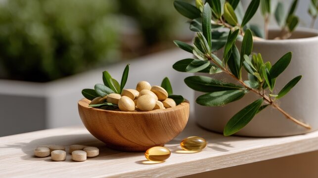 Wooden spoon with dietary supplements shows gel caps and pills on a wooden table with blurred plants in the background