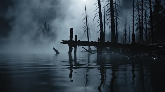Dark misty swamp with dead trees at night