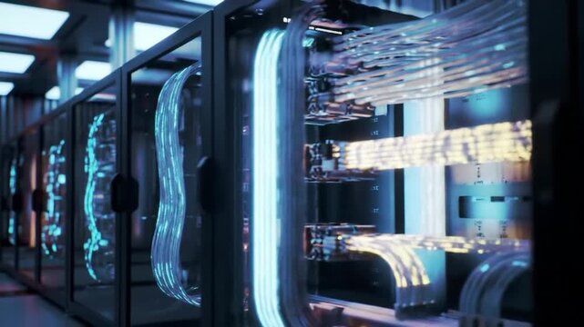 Data center server aisle with glowing blue power cables.