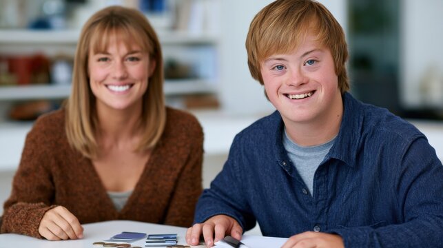Young male with Down syndrome and female companion smiling while sitting at a table with color swatches and design materials in a bright indoor setting