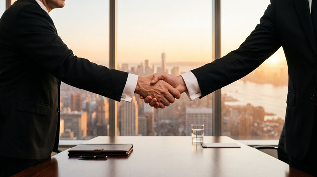 Corporate handshake with skyline background, representing urban business, investment, trust, and strategic cooperation.