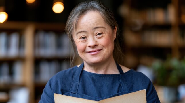 Woman with Down syndrome wearing a blue apron smiles while holding a menu in a cozy cafe setting with wooden shelves and warm lighting in the background