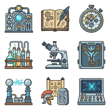 Vintage science laboratory and technology icons.