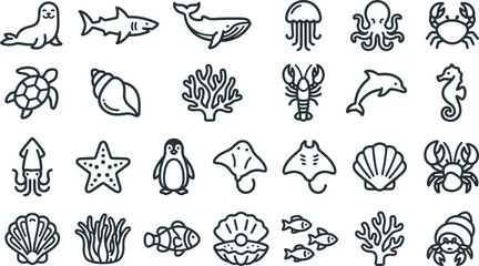 Sea life and ocean animal line icon set featuring shark whale octopus turtle crab jellyfish and coral vector illustration © MstAirin