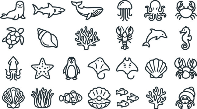 Sea life and ocean animal line icon set featuring shark whale octopus turtle crab jellyfish and coral vector illustration