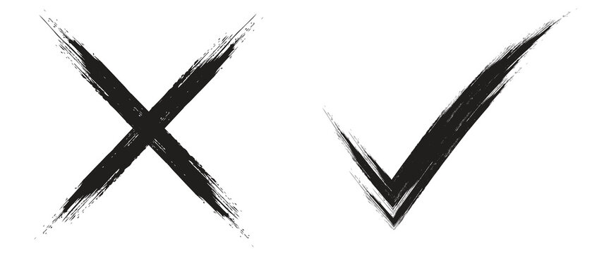 Check tick mark icon set. Cross box x check mark checkbox list vector draw hand drawn sketch doodle brush marker checklist symbol wrong right circle. hand drawn, grunge X sign. hand drawn tick mark.