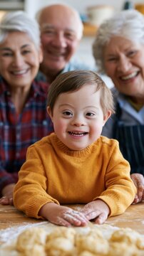 Young boy with Down syndrome in orange sweater smiles while playing with dough in kitchen, surrounded by three smiling elderly adults in casual attire