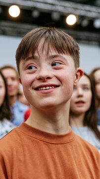 Young boy with Down syndrome smiles while standing among a diverse group of people in a casual outdoor setting, bright lighting and blurred background visible