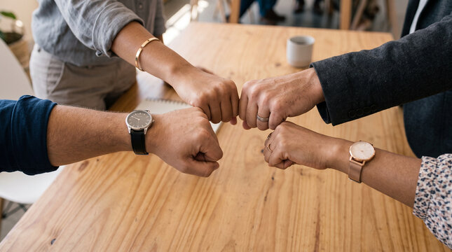 Diverse startup team showing unity with a fist bump, representing innovation, partnership, confidence, and business growth.