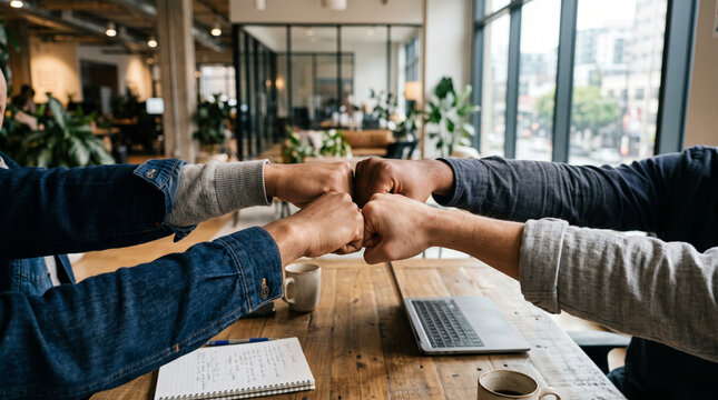 Creative business team making a collective fist bump, symbolizing collaboration, shared vision, and successful project delivery.