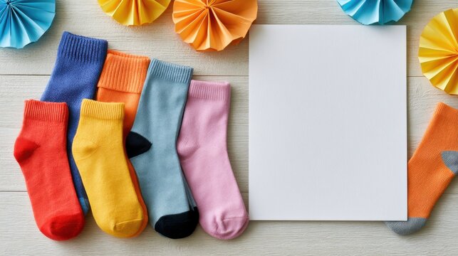 Colorful cotton socks arranged in a row beside a blank white sheet of paper and decorative paper fans on a light wooden surface
