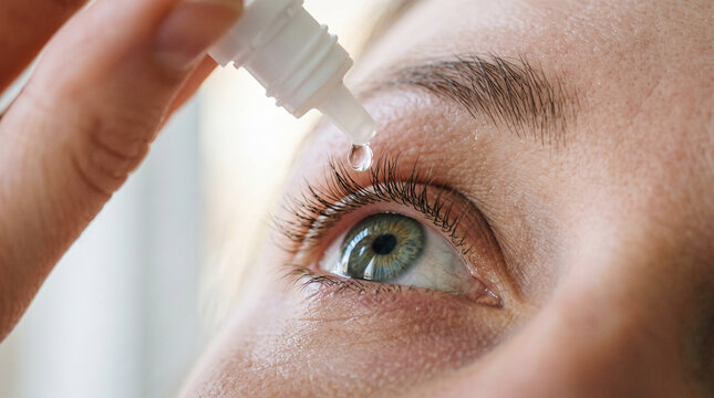 Person using lubricating eye drops, representing moisture, redness relief, medical care, and visual wellness.