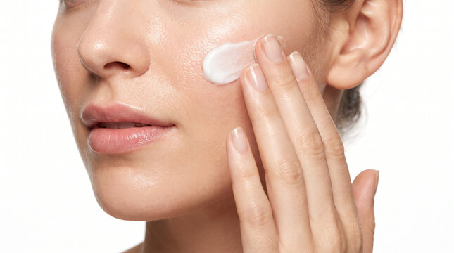 Clean female skin with cosmetic cream, representing dermatology, beauty treatment, wellness, and daily facial care.