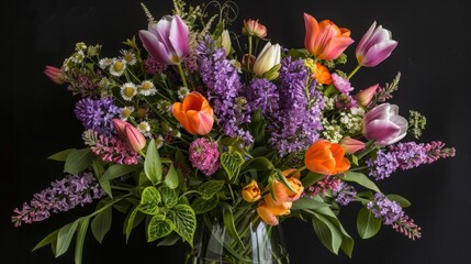 Fototapeta premium Vibrant spring flower bouquet in close-up display. Colorful tulips and lilacs arranged for fresh floral decor.