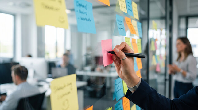 Employee writing ideas on colorful notes, representing brainstorming, creativity, problem solving, and team planning.